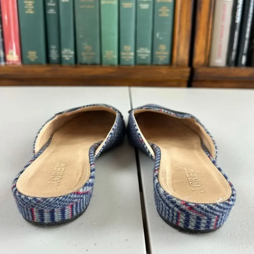 J. Crew Plaid Tweed Slip On Pointed Toe Cloth and Leather Flats Sz 6.5 MSRP $198